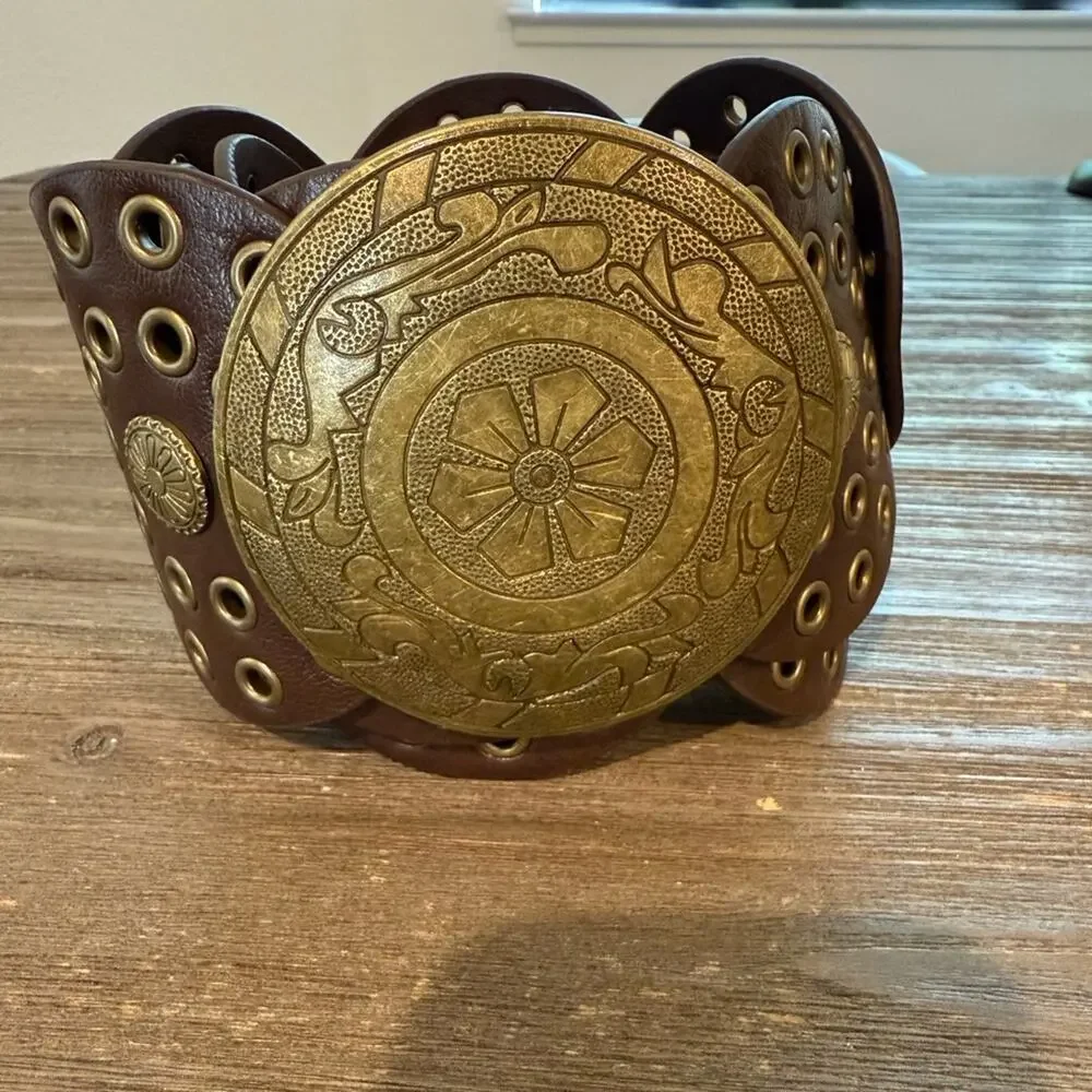 One Size Western Boho Embellished Circle Belt Brown Gold Big Buckle